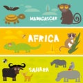 Cute animals set Turtle bat monkey lemur bull hippo parrot tsetse fly camel Chameleon Fennec fox, kids background African animals, Royalty Free Stock Photo