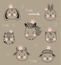 Cute animals. Cute simple portraits of pets in crowns - horse and rabbit, cat and dog, pig and sheep, bull and hare Royalty Free Stock Photo