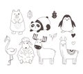 Cute animals sketch wildlife cartoon adorable bear panda penguin flamingo sheep deer and alpaca with foliage leaves Royalty Free Stock Photo