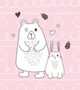 Cute animals sketch wildlife cartoon adorable bear rabbit love hearts pink background