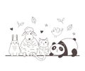 Cute animals sketch wildlife cartoon adorable panda sheep rabbit cat and bird