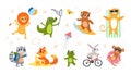 Cute animals summer activities. Animal on beach and travel, walking, playing and resting. Bunny on bicycle and raccoon