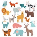 Cute animals. Tiger, owl and bear, elephant and lion, llama and deer, hare and dog, squirrel wild and farm cartoon