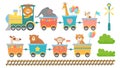 Cute animals on train. Happy animal in railroad car, little pets ride on toy locomotive cartoon vector illustration set