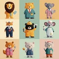 Cute animals in various professional uniforms, cartoon characters in grid layout on soft backgrounds Royalty Free Stock Photo