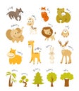 Cute animals vector set. Forest animals and african animals with trees
