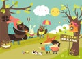 Cute animals walking in spring forest