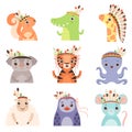 Cute Animals Wearing Headdress with Feathers, Leaves and Flowers Set, Penguin, Lamb, Octopus, Tiger, Koala, Giraffe