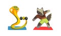 Cute Animals Wild Animals Doing Sports Set, Snake Exercising with Dumbbell and Raccoon Doing Side Bend Stretch Cartoon