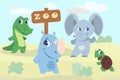 Cute animals. Wild little creatures. Cartoon crocodile and elephant. African fauna. Mammals in nature. Baby turtle and