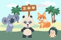 Cute animals. Zoo park. Cartoon fox and hedgehog. Funny wild little creatures. Baby koala or panda bear. Wildlife fauna