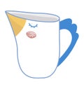 Cute animated cup with a sleepy face and blue wings. Adorable drinkware cartoon character with rosy cheeks vector