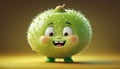 Cute animated green fruit character with a happy expression standing on a bright background