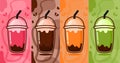 Hand Drawn Ice Strawberry, Green Tea, Chocolate, Thai Tea Flavor Set in Animated Cartoon Vector Illustration Royalty Free Stock Photo