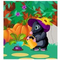 Cute animated mole watering beets from watering can. Vector cartoon close-up illustration.