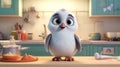 Cute Animated Penguin In Kitchen: Soft Atmospheric Light, Photorealistic Renderings