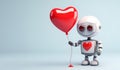 Cute, animated robot with a heart balloon celebrating Valentine's Day. Copy space