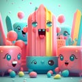 Cute animation of candy and dolls with funny faces