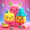 Cute animation of candy and dolls with funny faces