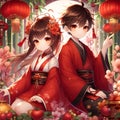 A cute anime boy and girl posing in gracefully, wearing red hanfu in a middle of lucky bamboo garden, with fruits, flowers arounds Royalty Free Stock Photo