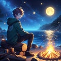 A cute anime boy sitting by waterside of a sea, breathtaking, moon, chill, campfire, twinkling stars, night scene, anime art Royalty Free Stock Photo