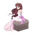 Cute anime bride princess with brown hair wearing wedding dress and sitting on stone bench. Hand drawn vector illustration