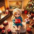 Cute anime cartoon girl with gift box in the hands sitting in christmas decorated living room Royalty Free Stock Photo