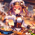 A cute anime chef girl cooking in a kitchen, with the chef costums, creating delicious meals, digital anime art, wallpaper Royalty Free Stock Photo