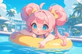 cute anime chibi girl iwith pink hair lying on yellow inflatable circle in blue water on resort in summer