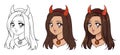 Cute anime devil girl portrait. Three versions contour, flat colors, cell shading.