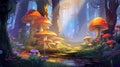 cute anime forest landscape with magic mushrooms