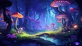 cute anime forest landscape with magic mushrooms