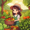 Cute anime girl amidst seasonal vegetables in an orchard, holding fresh produce