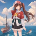 A cute anime girl with brown hair in twin tails, set in a port with ocean backdrop, clouds, boat, happy, 8k, nature