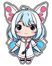 Cute anime girl with butterfly wings, fairy flat vector sticker illustration Royalty Free Stock Photo