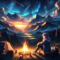 A cute anime girl chill with campfire, in a breathtaking mountain, night scene, dreamy, digital anime art, wallpaper