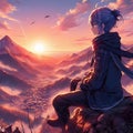 A cute anime girl chill by the hill, with breathtaking mountains, in sunset time, digital anime art