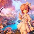 A cute anime girl with cute pose at a beautiful fantasy land, whimsical, landscape, anime style, wallpaper Royalty Free Stock Photo