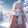 A cute anime girl in fashionable style, walking alone in a breathtaking winter, digital anime art, wallpaper