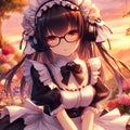 A cute anime girl in a garden at sunset, with flower, wearing headphone, maid headdress, blunt bangs, digital anime art, glasses