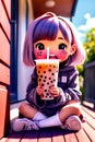 A cute anime girl with her boba drink in hands, sitting on the front porch of house, adorable, printable, fantasy