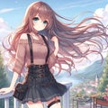 A cute anime girl with long hair blown by the wind, standing at a rooftop, with whimsical hill view, digital anime art, fantasy