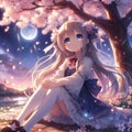 A cute anime girl looking up the beautiful sky night, sitting under a bloom tree, moonlit, twinkling stars, digital anime art