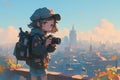 cute anime girl photographer with a professional camera in city Royalty Free Stock Photo