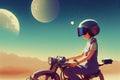 cute anime girl sitting on a motorcycle on a desert, art , ai generated image