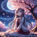 A cute anime girl sitting under bloom tree, in a moonlit night, falling leaves, flower, stars, digital anime art