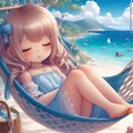 A cute anime girl sleeping in chill pose, on a hanging hammock, white sandy beach, whimsical sea, boats, mountains, picnic basket Royalty Free Stock Photo
