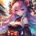 A cute anime girl with village environment in background, colorful hair, loligoth style, tetradic colors, digital anime art Royalty Free Stock Photo