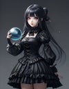 A cute anime gothic girl with a magic ball in hand, cute pose, dreamlike art, wallpaper, anime style
