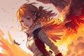 Cute anime manga girl with orange hair and a phoenix illustration generative ai Royalty Free Stock Photo
